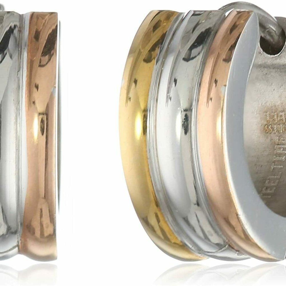 Stainless Steel Three Tone Gold Huggies Earrings